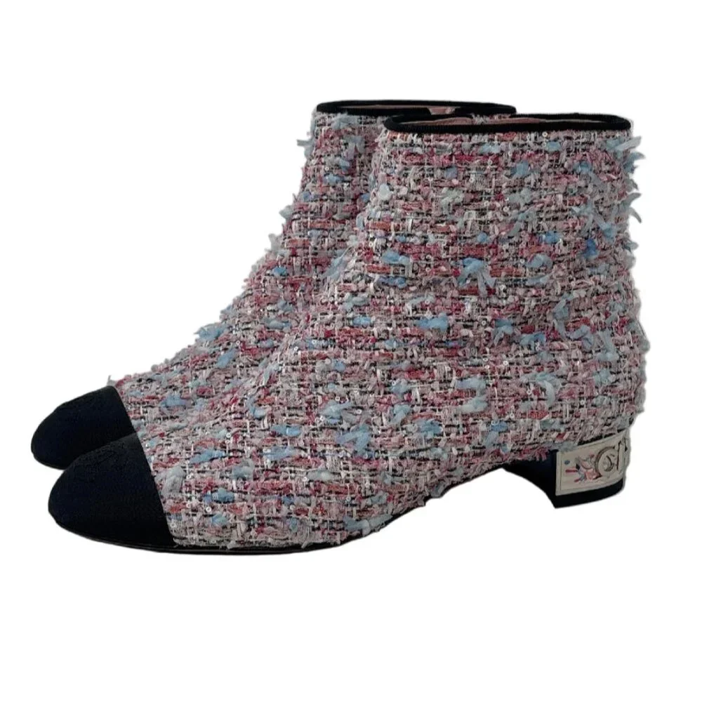 Chanel CC Pink Tweed Ankle Boots with Grosgrain Cap Toe Sz-37 - Picture 3 of 8
